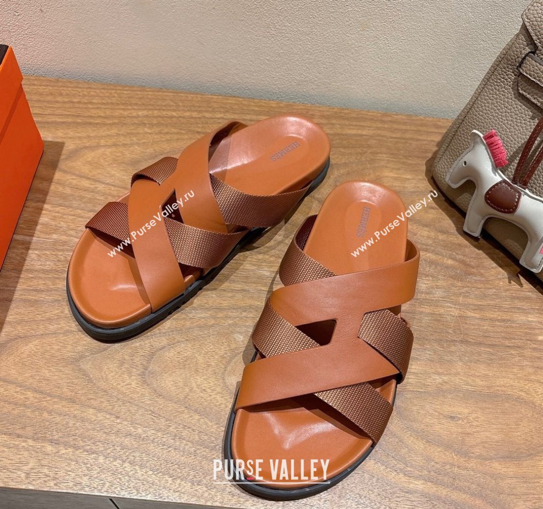 Hermes Kazimir Flat Slides Sandal in Woven Ribbon and Calfskin All Brown 2025 0419 (XC-250419080)