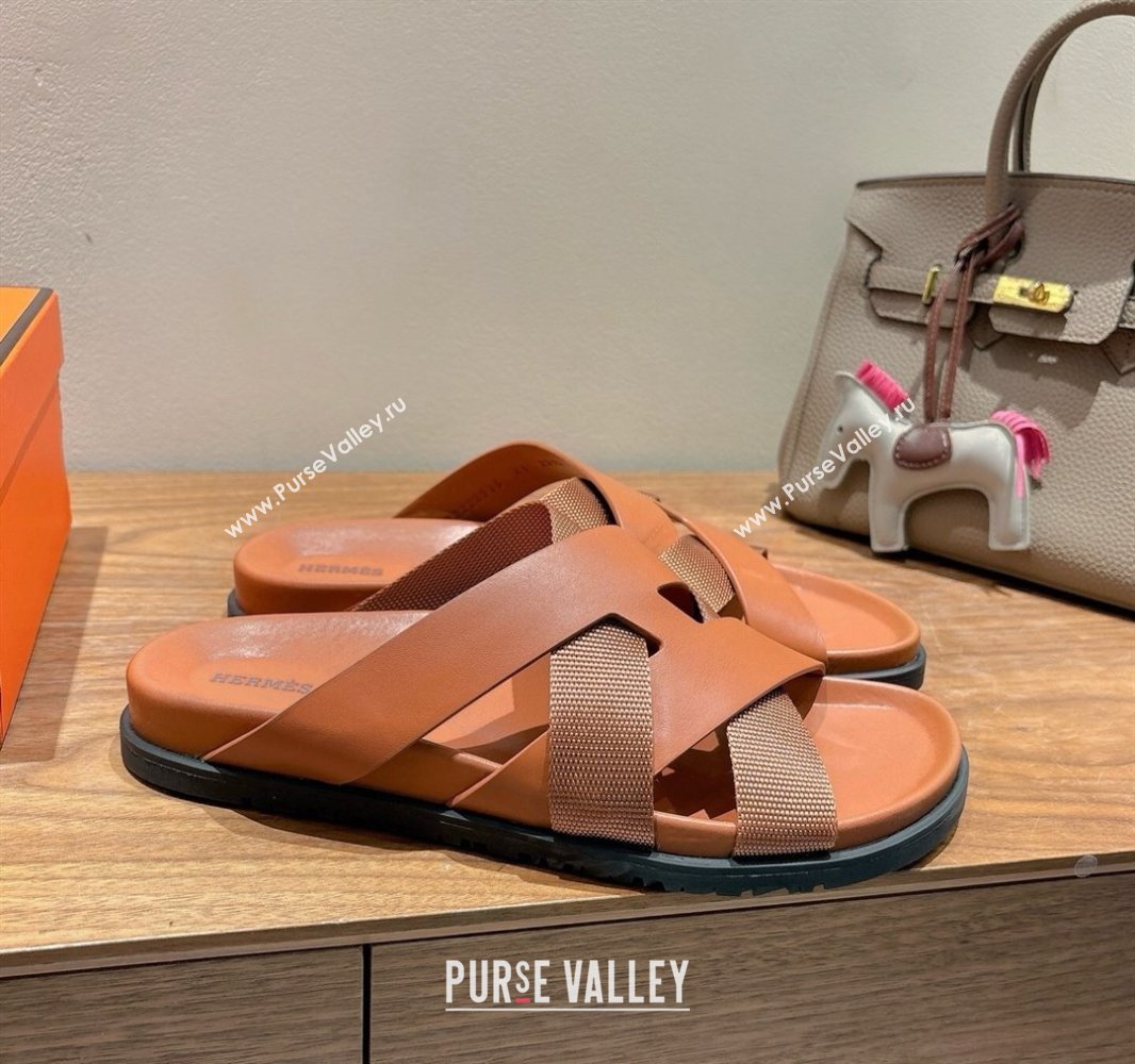Hermes Kazimir Flat Slides Sandal in Woven Ribbon and Calfskin All Brown 2025 0419 (XC-250419080)