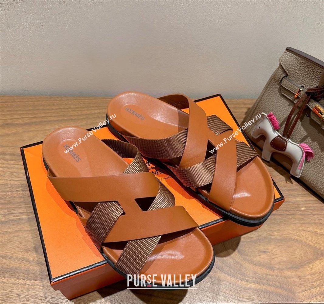 Hermes Kazimir Flat Slides Sandal in Woven Ribbon and Calfskin All Brown 2025 0419 (XC-250419080)