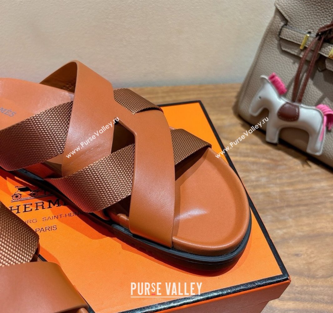 Hermes Kazimir Flat Slides Sandal in Woven Ribbon and Calfskin All Brown 2025 0419 (XC-250419080)