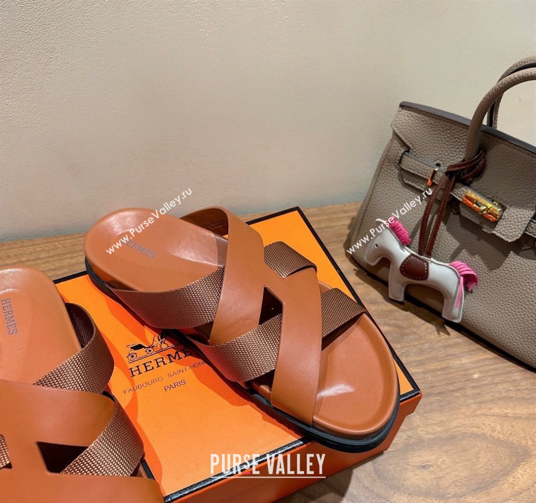 Hermes Kazimir Flat Slides Sandal in Woven Ribbon and Calfskin All Brown 2025 0419 (XC-250419080)