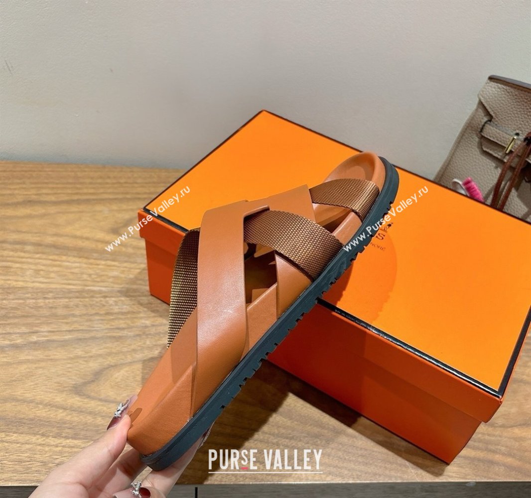 Hermes Kazimir Flat Slides Sandal in Woven Ribbon and Calfskin All Brown 2025 0419 (XC-250419080)