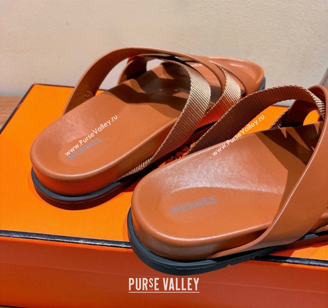 Hermes Kazimir Flat Slides Sandal in Woven Ribbon and Calfskin All Brown 2025 0419 (XC-250419080)