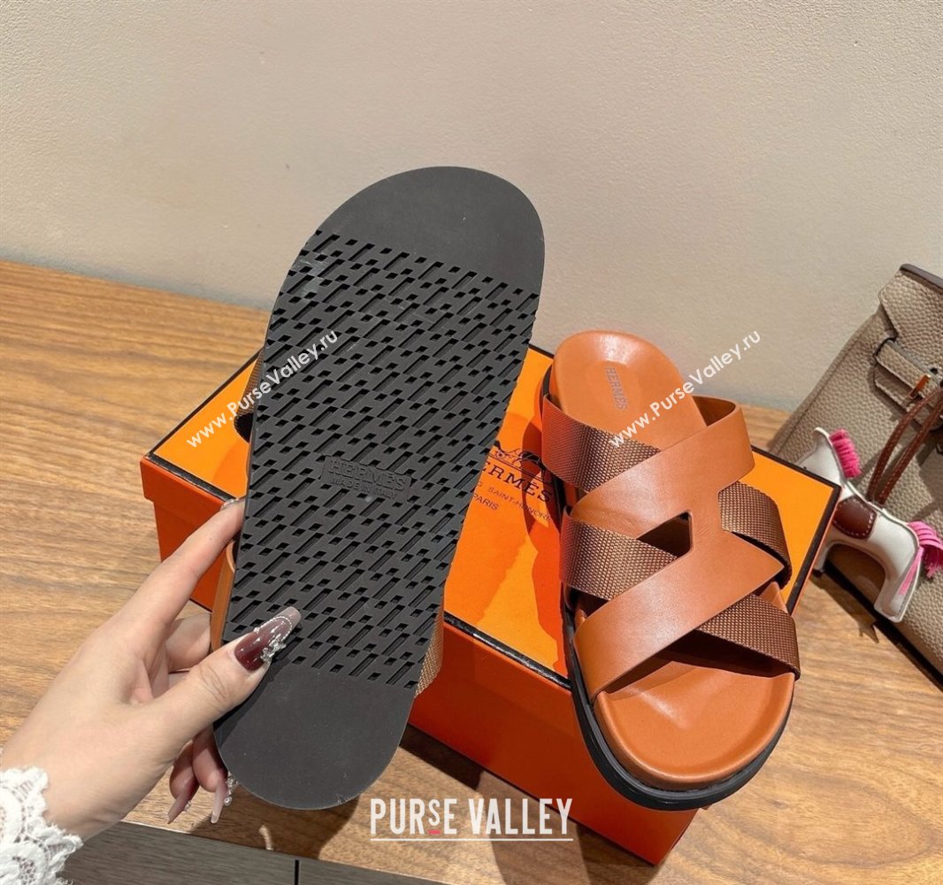 Hermes Kazimir Flat Slides Sandal in Woven Ribbon and Calfskin All Brown 2025 0419 (XC-250419080)
