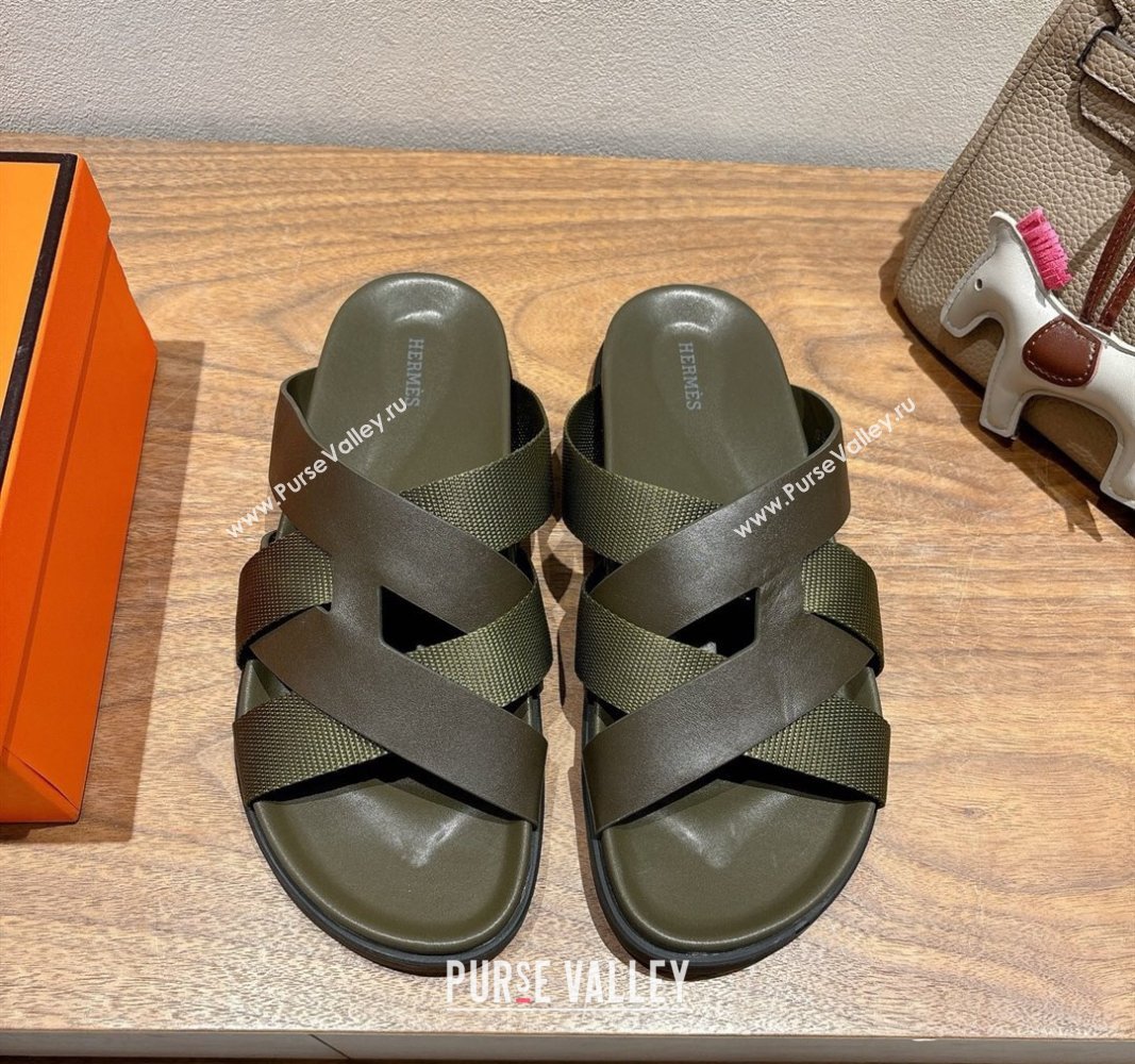 Hermes Kazimir Flat Slides Sandal in Woven Ribbon and Calfskin All Green 2025 0419 (XC-250419081)