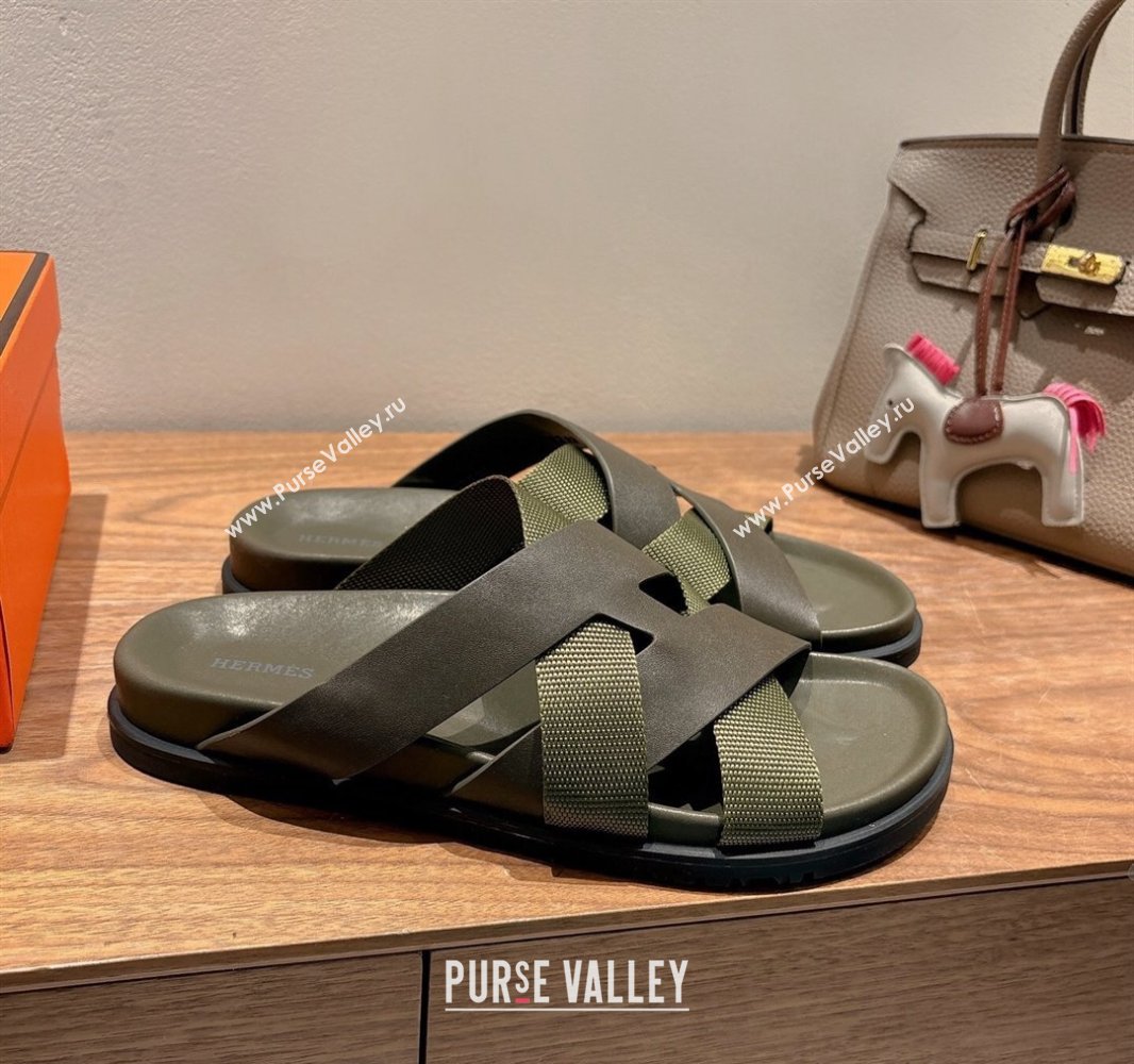 Hermes Kazimir Flat Slides Sandal in Woven Ribbon and Calfskin All Green 2025 0419 (XC-250419081)