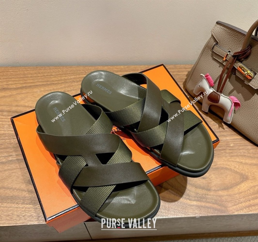 Hermes Kazimir Flat Slides Sandal in Woven Ribbon and Calfskin All Green 2025 0419 (XC-250419081)