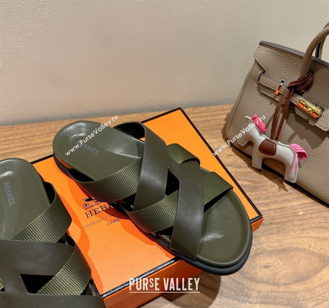 Hermes Kazimir Flat Slides Sandal in Woven Ribbon and Calfskin All Green 2025 0419 (XC-250419081)