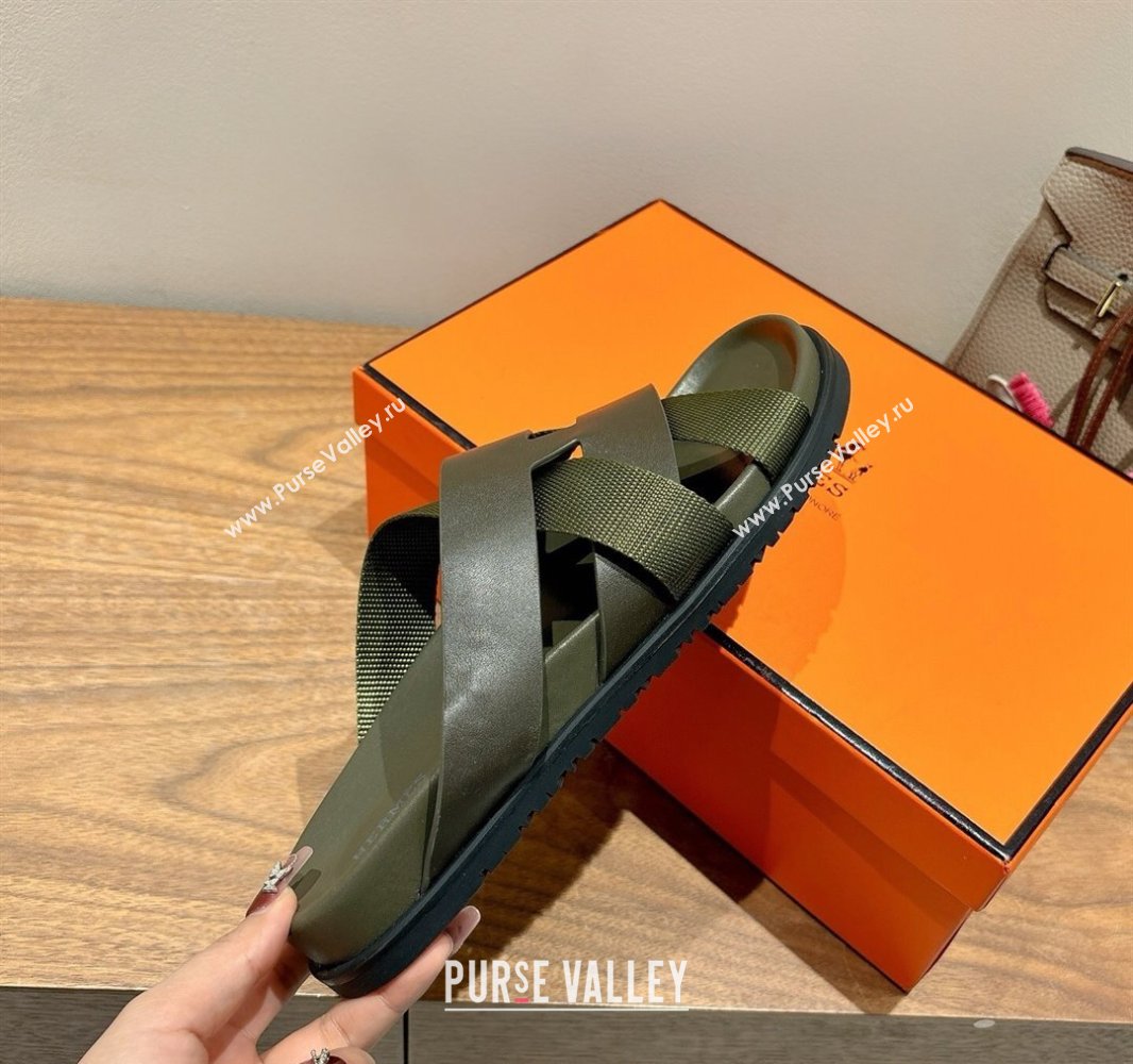 Hermes Kazimir Flat Slides Sandal in Woven Ribbon and Calfskin All Green 2025 0419 (XC-250419081)