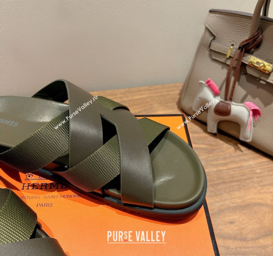 Hermes Kazimir Flat Slides Sandal in Woven Ribbon and Calfskin All Green 2025 0419 (XC-250419081)