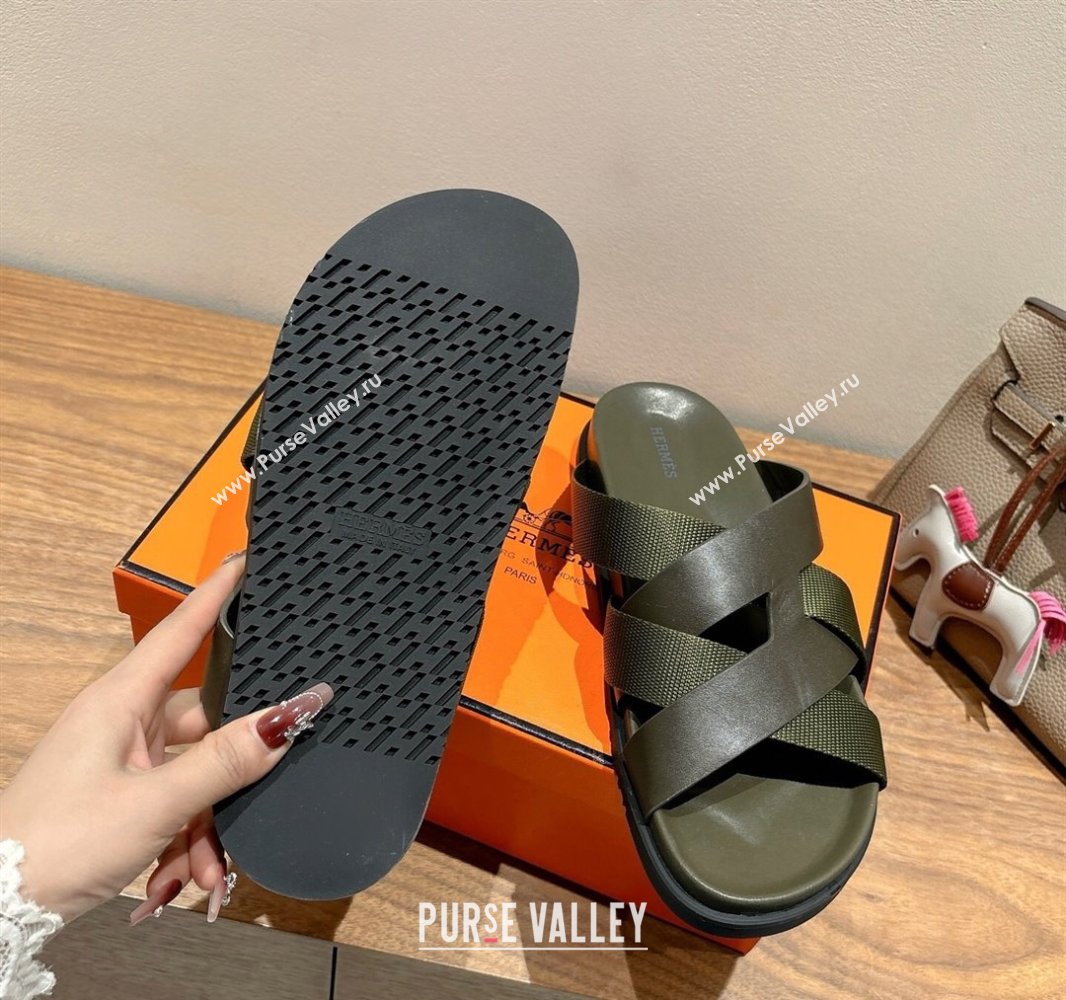 Hermes Kazimir Flat Slides Sandal in Woven Ribbon and Calfskin All Green 2025 0419 (XC-250419081)