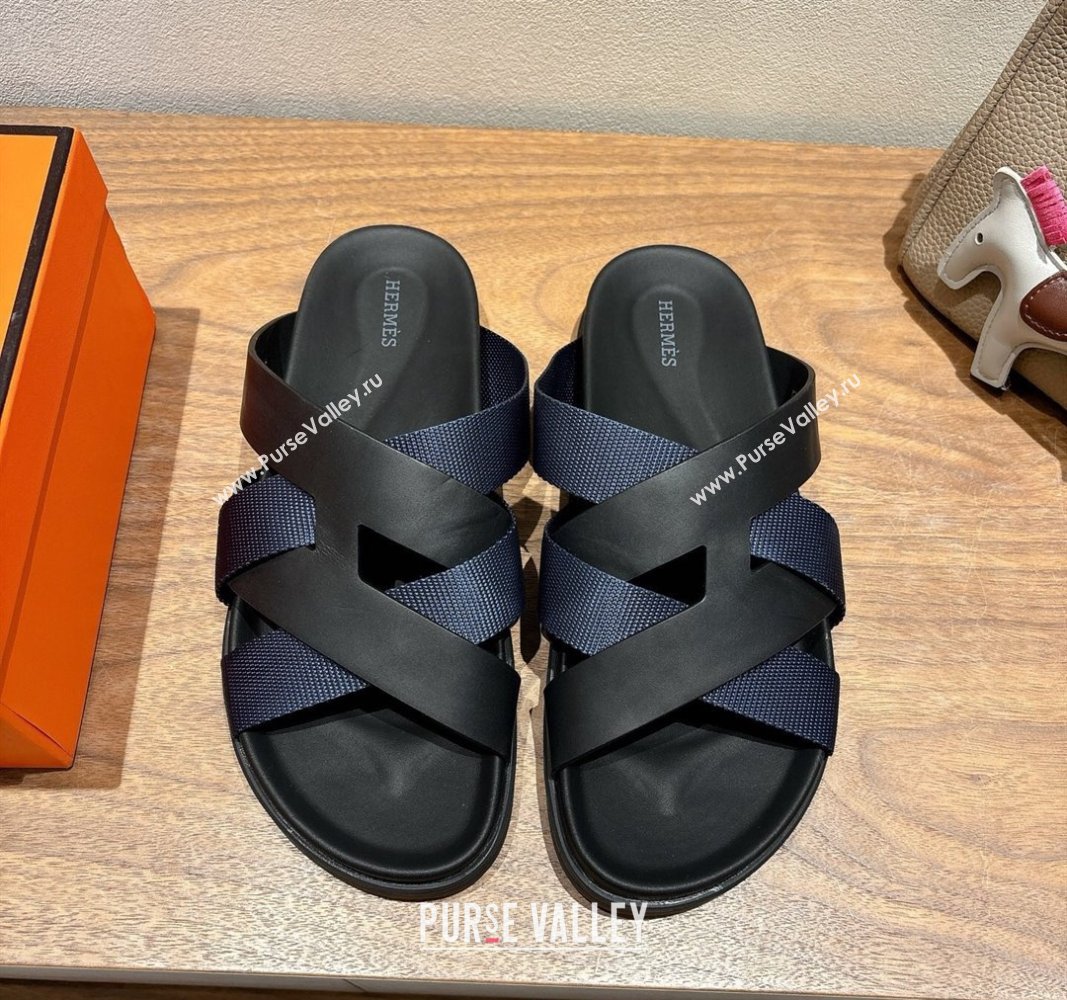 Hermes Kazimir Flat Slides Sandal in Woven Ribbon and Calfskin Leather Black/Blue 2025 0419 (XC-250419082)
