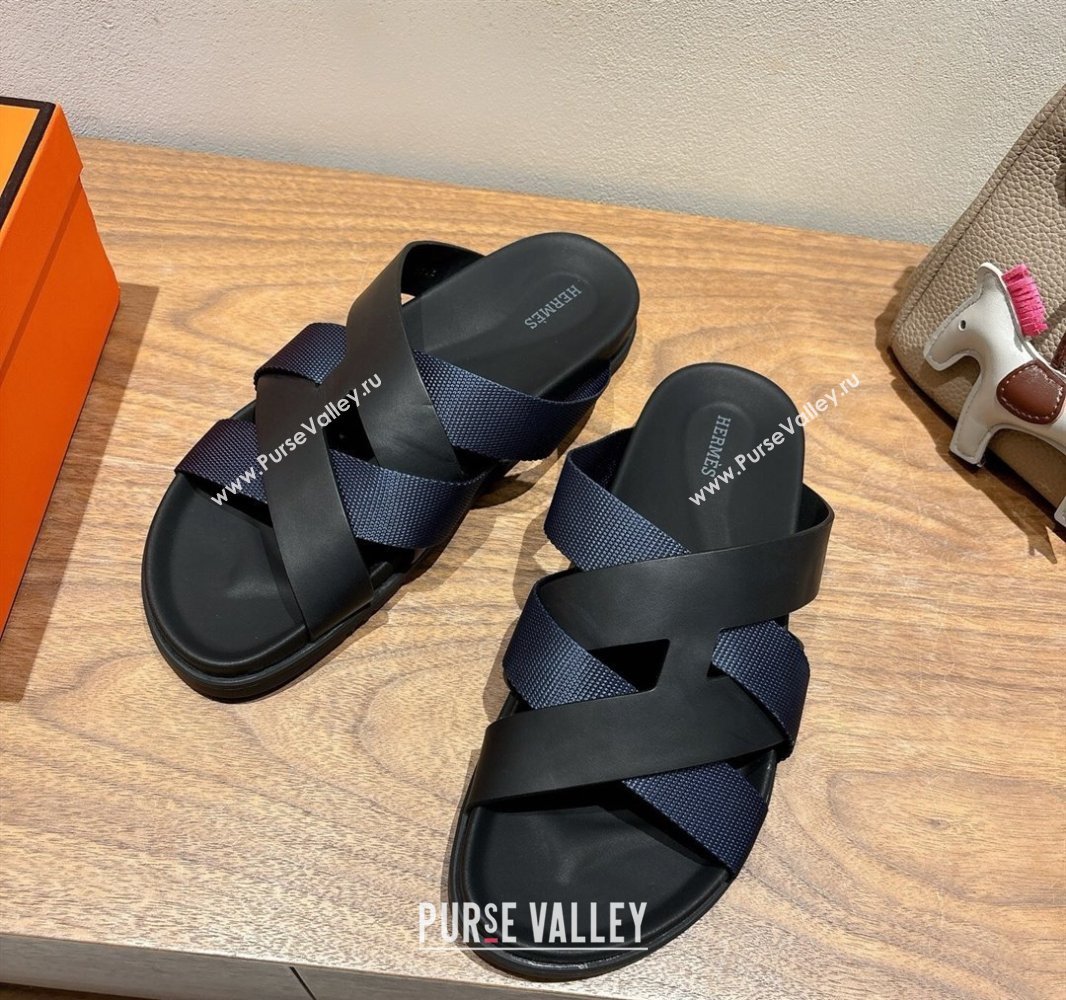 Hermes Kazimir Flat Slides Sandal in Woven Ribbon and Calfskin Leather Black/Blue 2025 0419 (XC-250419082)