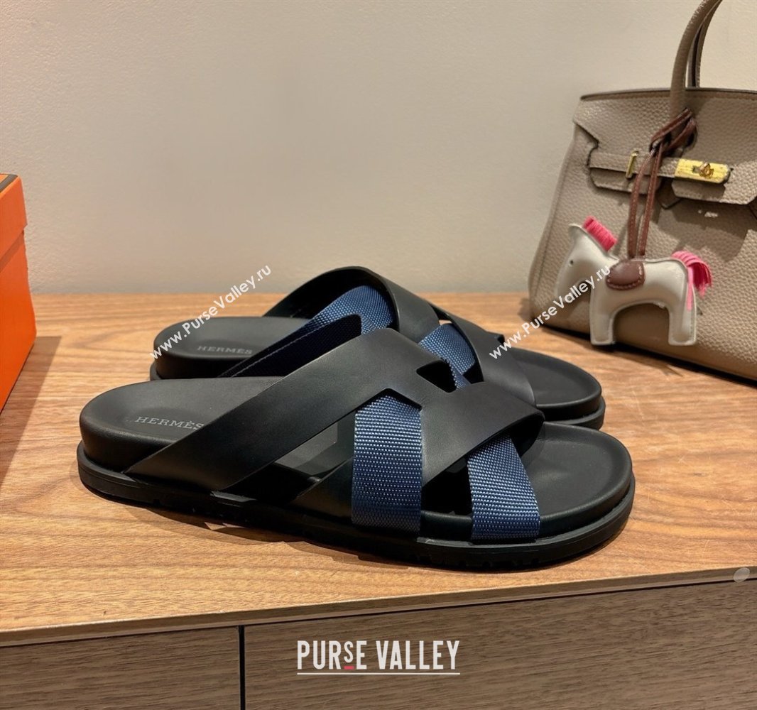 Hermes Kazimir Flat Slides Sandal in Woven Ribbon and Calfskin Leather Black/Blue 2025 0419 (XC-250419082)