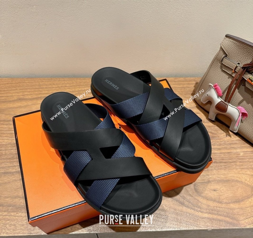 Hermes Kazimir Flat Slides Sandal in Woven Ribbon and Calfskin Leather Black/Blue 2025 0419 (XC-250419082)