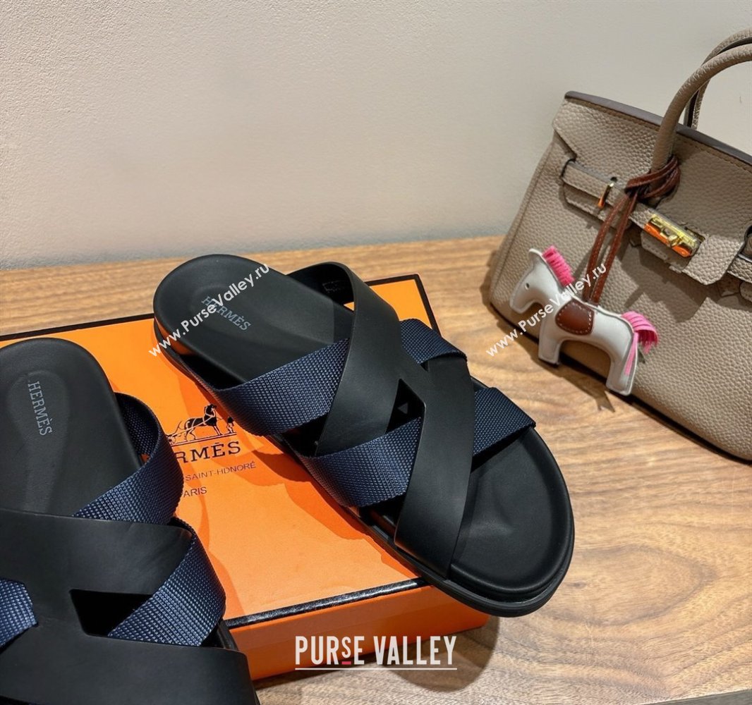Hermes Kazimir Flat Slides Sandal in Woven Ribbon and Calfskin Leather Black/Blue 2025 0419 (XC-250419082)