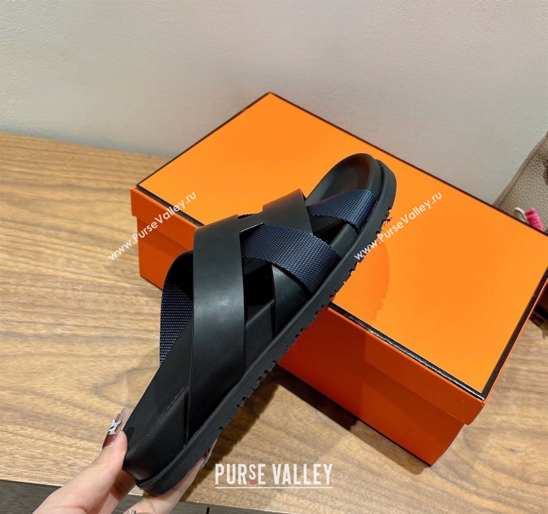 Hermes Kazimir Flat Slides Sandal in Woven Ribbon and Calfskin Leather Black/Blue 2025 0419 (XC-250419082)