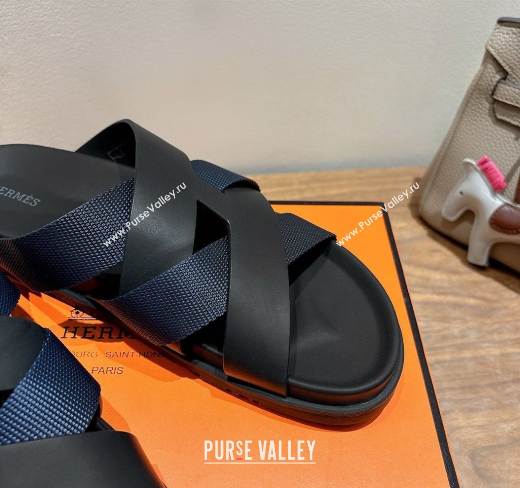 Hermes Kazimir Flat Slides Sandal in Woven Ribbon and Calfskin Leather Black/Blue 2025 0419 (XC-250419082)