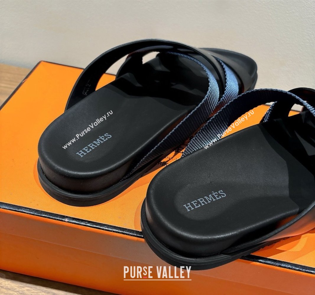 Hermes Kazimir Flat Slides Sandal in Woven Ribbon and Calfskin Leather Black/Blue 2025 0419 (XC-250419082)