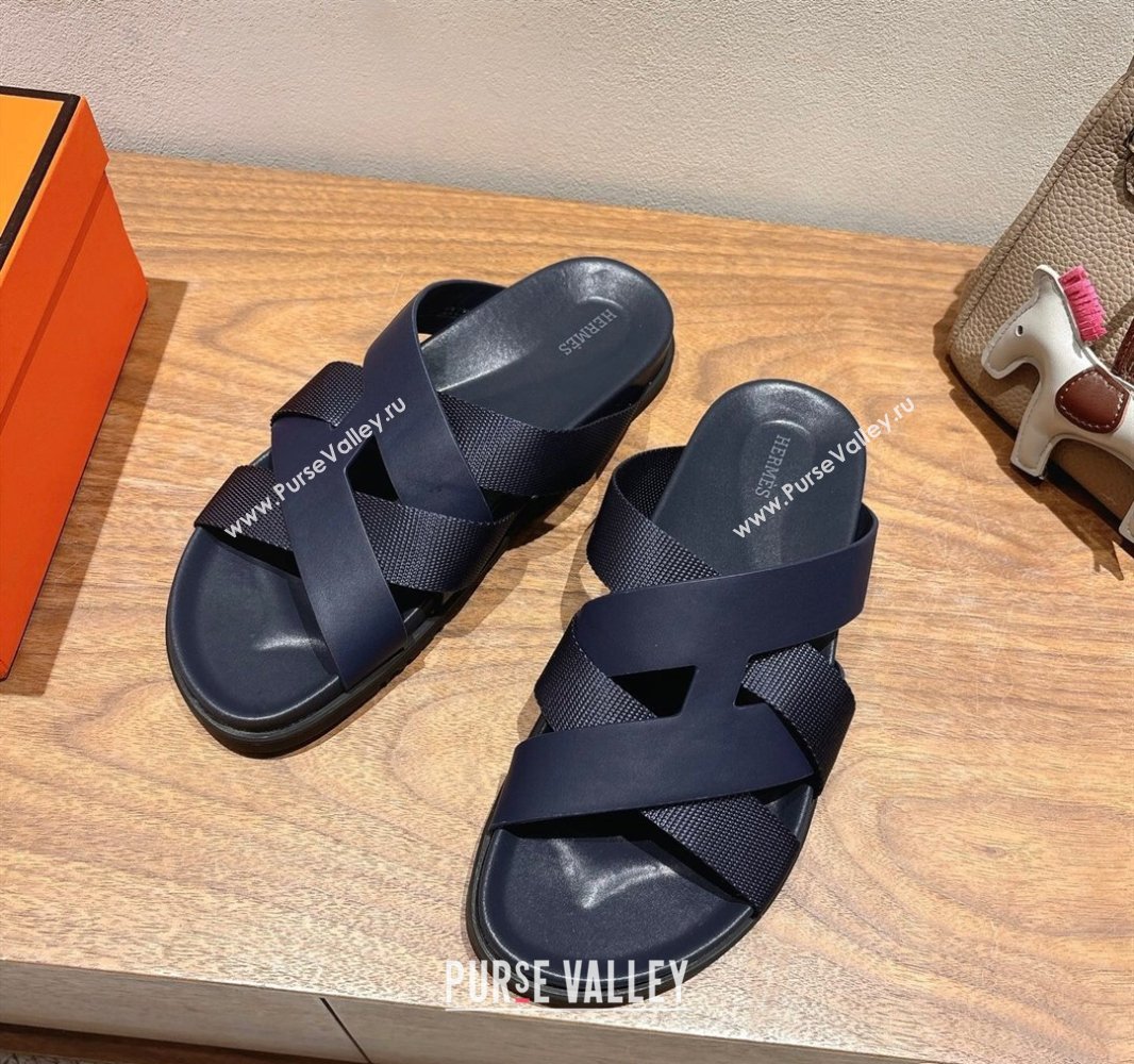 Hermes Kazimir Flat Slides Sandal in Woven Ribbon and Calfskin Leather Dark Blue 2025 0419 (XC-250419083)