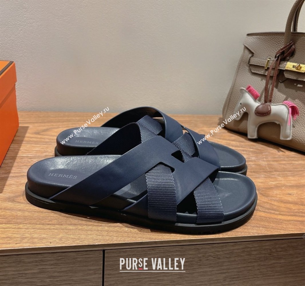 Hermes Kazimir Flat Slides Sandal in Woven Ribbon and Calfskin Leather Dark Blue 2025 0419 (XC-250419083)