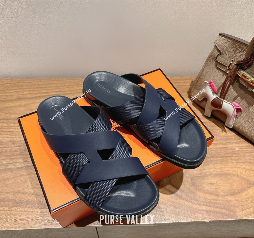 Hermes Kazimir Flat Slides Sandal in Woven Ribbon and Calfskin Leather Dark Blue 2025 0419 (XC-250419083)
