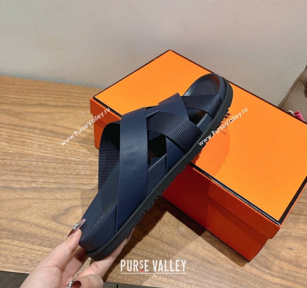 Hermes Kazimir Flat Slides Sandal in Woven Ribbon and Calfskin Leather Dark Blue 2025 0419 (XC-250419083)