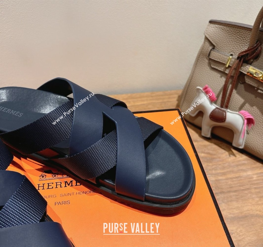 Hermes Kazimir Flat Slides Sandal in Woven Ribbon and Calfskin Leather Dark Blue 2025 0419 (XC-250419083)