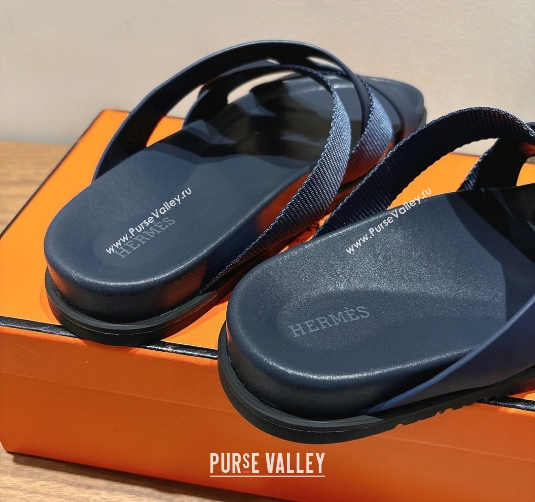 Hermes Kazimir Flat Slides Sandal in Woven Ribbon and Calfskin Leather Dark Blue 2025 0419 (XC-250419083)