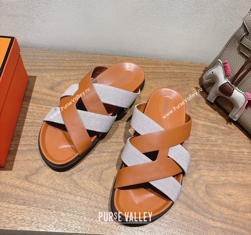 Hermes Kazimir Flat Slides Sandal in Woven Canvas and Calfskin Leather Brown 2025 0419 (XC-250419084)