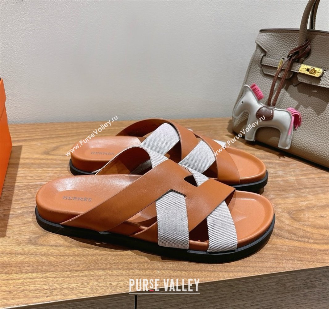 Hermes Kazimir Flat Slides Sandal in Woven Canvas and Calfskin Leather Brown 2025 0419 (XC-250419084)
