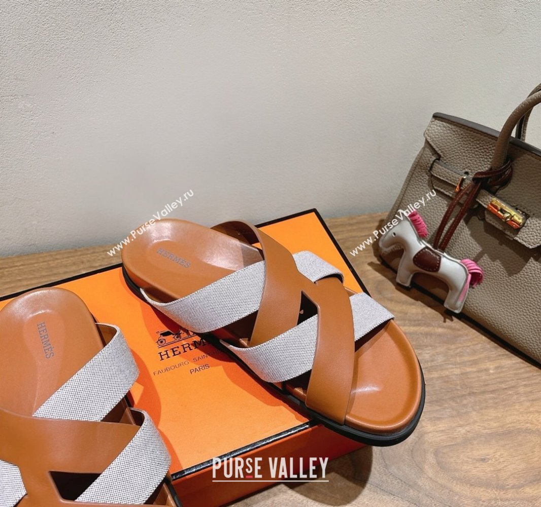Hermes Kazimir Flat Slides Sandal in Woven Canvas and Calfskin Leather Brown 2025 0419 (XC-250419084)