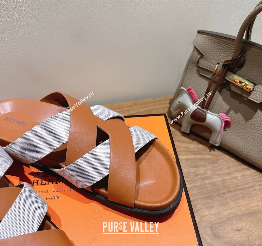 Hermes Kazimir Flat Slides Sandal in Woven Canvas and Calfskin Leather Brown 2025 0419 (XC-250419084)