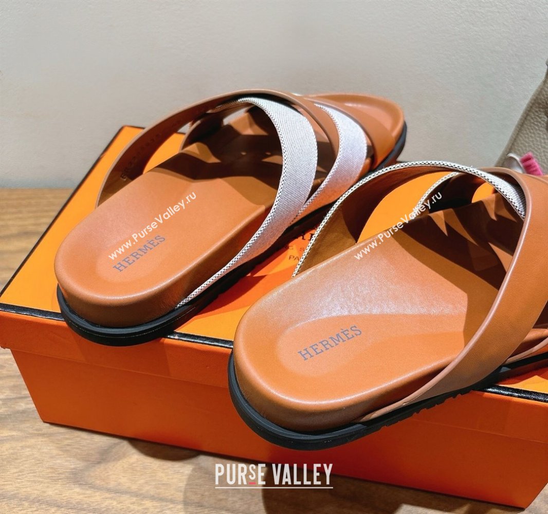 Hermes Kazimir Flat Slides Sandal in Woven Canvas and Calfskin Leather Brown 2025 0419 (XC-250419084)