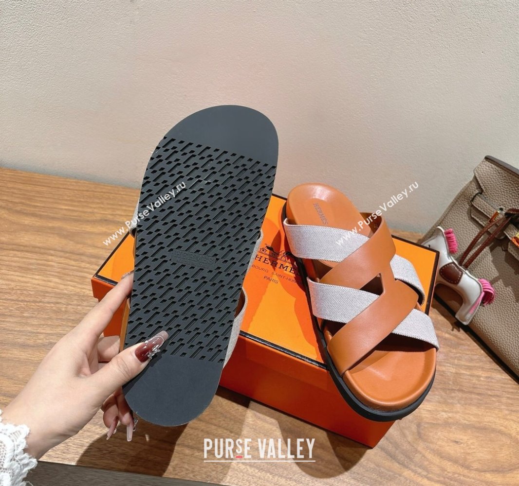 Hermes Kazimir Flat Slides Sandal in Woven Canvas and Calfskin Leather Brown 2025 0419 (XC-250419084)