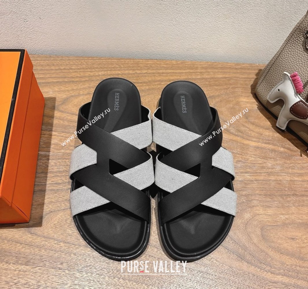 Hermes Kazimir Flat Slides Sandal in Woven Canvas and Calfskin Leather Black/Grey 2025 0419 (XC-250419086)