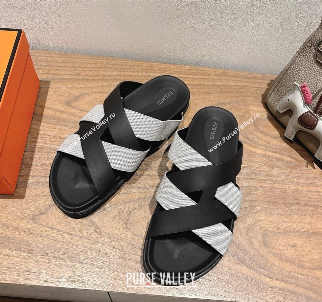 Hermes Kazimir Flat Slides Sandal in Woven Canvas and Calfskin Leather Black/Grey 2025 0419 (XC-250419086)