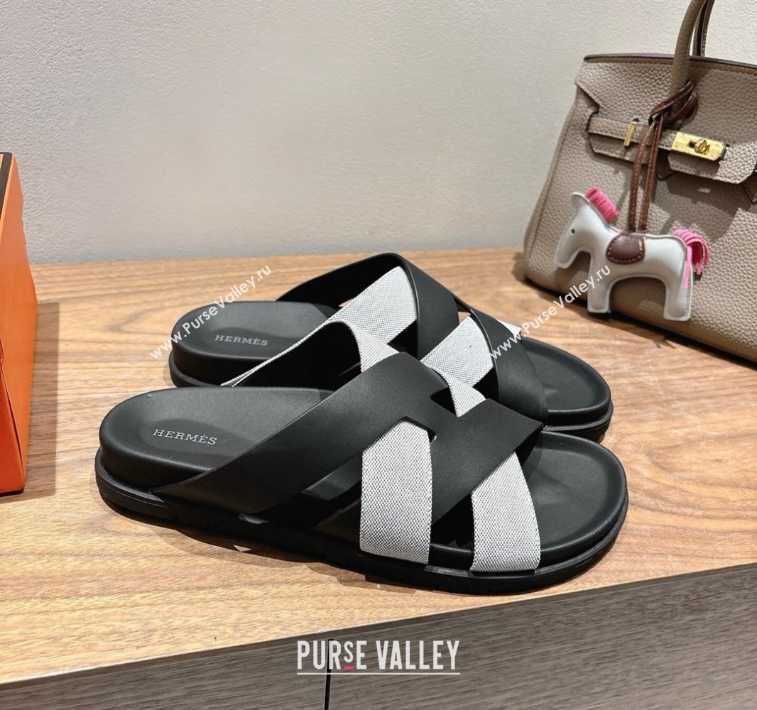 Hermes Kazimir Flat Slides Sandal in Woven Canvas and Calfskin Leather Black/Grey 2025 0419 (XC-250419086)