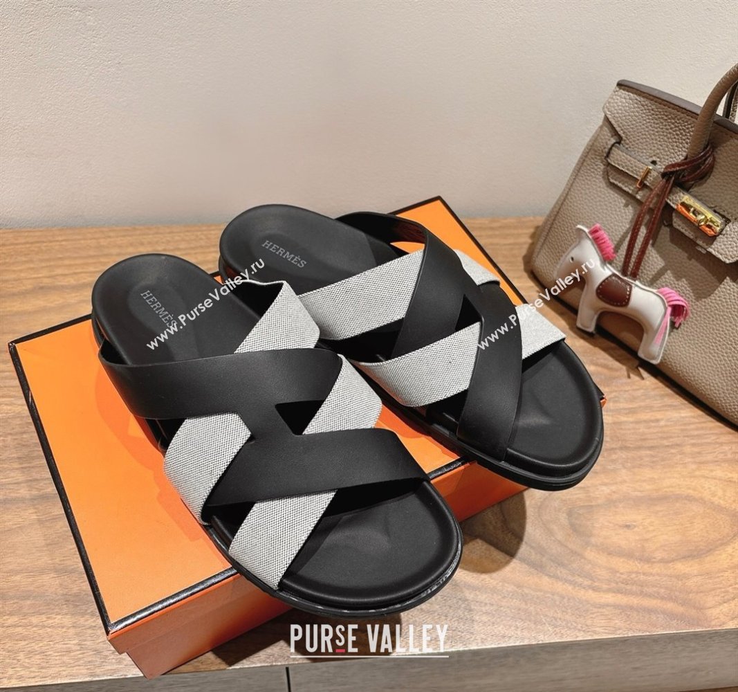 Hermes Kazimir Flat Slides Sandal in Woven Canvas and Calfskin Leather Black/Grey 2025 0419 (XC-250419086)