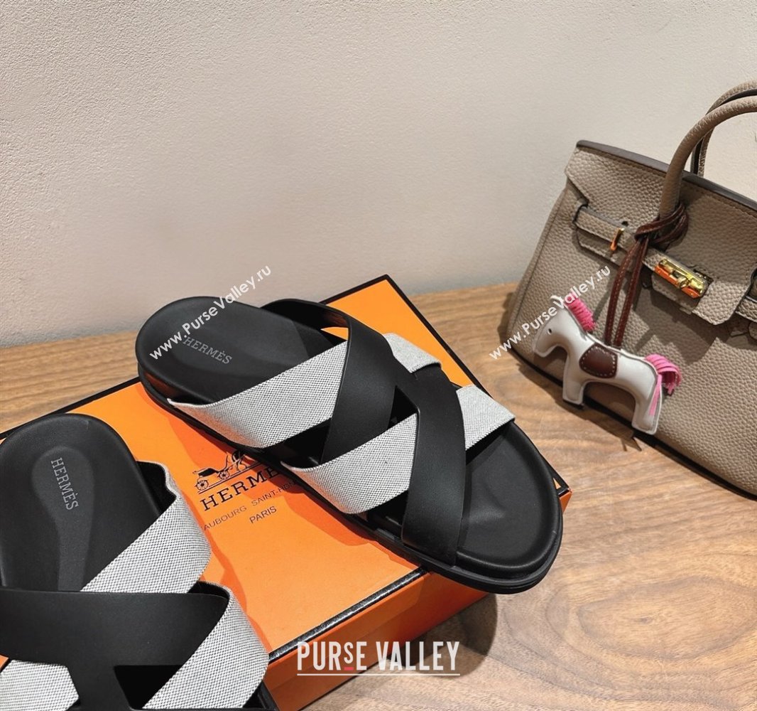 Hermes Kazimir Flat Slides Sandal in Woven Canvas and Calfskin Leather Black/Grey 2025 0419 (XC-250419086)
