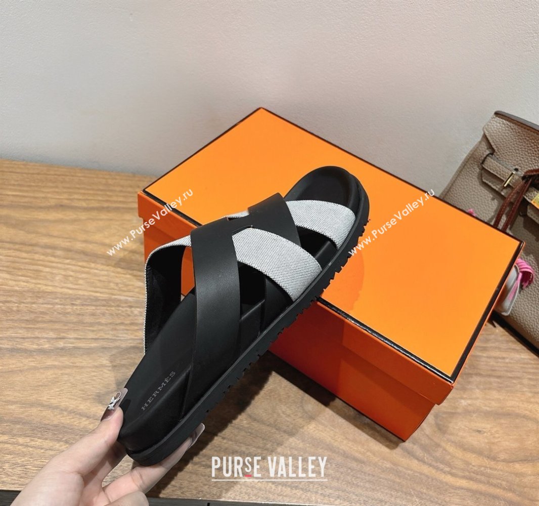 Hermes Kazimir Flat Slides Sandal in Woven Canvas and Calfskin Leather Black/Grey 2025 0419 (XC-250419086)