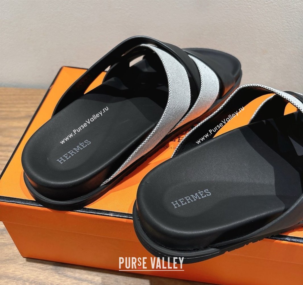 Hermes Kazimir Flat Slides Sandal in Woven Canvas and Calfskin Leather Black/Grey 2025 0419 (XC-250419086)