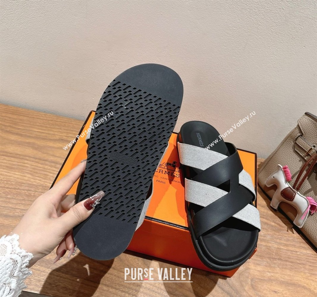 Hermes Kazimir Flat Slides Sandal in Woven Canvas and Calfskin Leather Black/Grey 2025 0419 (XC-250419086)