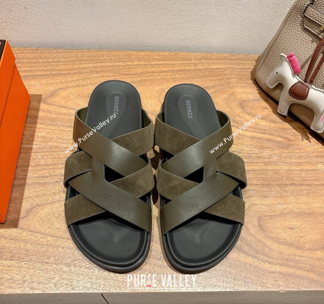 Hermes Kazimir Flat Slides Sandal in Woven Suede and Calfskin Leather Green 2025 0419 (XC-250419089)