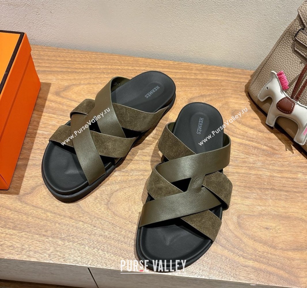Hermes Kazimir Flat Slides Sandal in Woven Suede and Calfskin Leather Green 2025 0419 (XC-250419089)