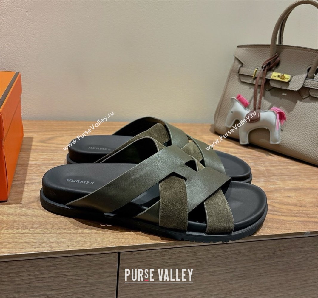 Hermes Kazimir Flat Slides Sandal in Woven Suede and Calfskin Leather Green 2025 0419 (XC-250419089)