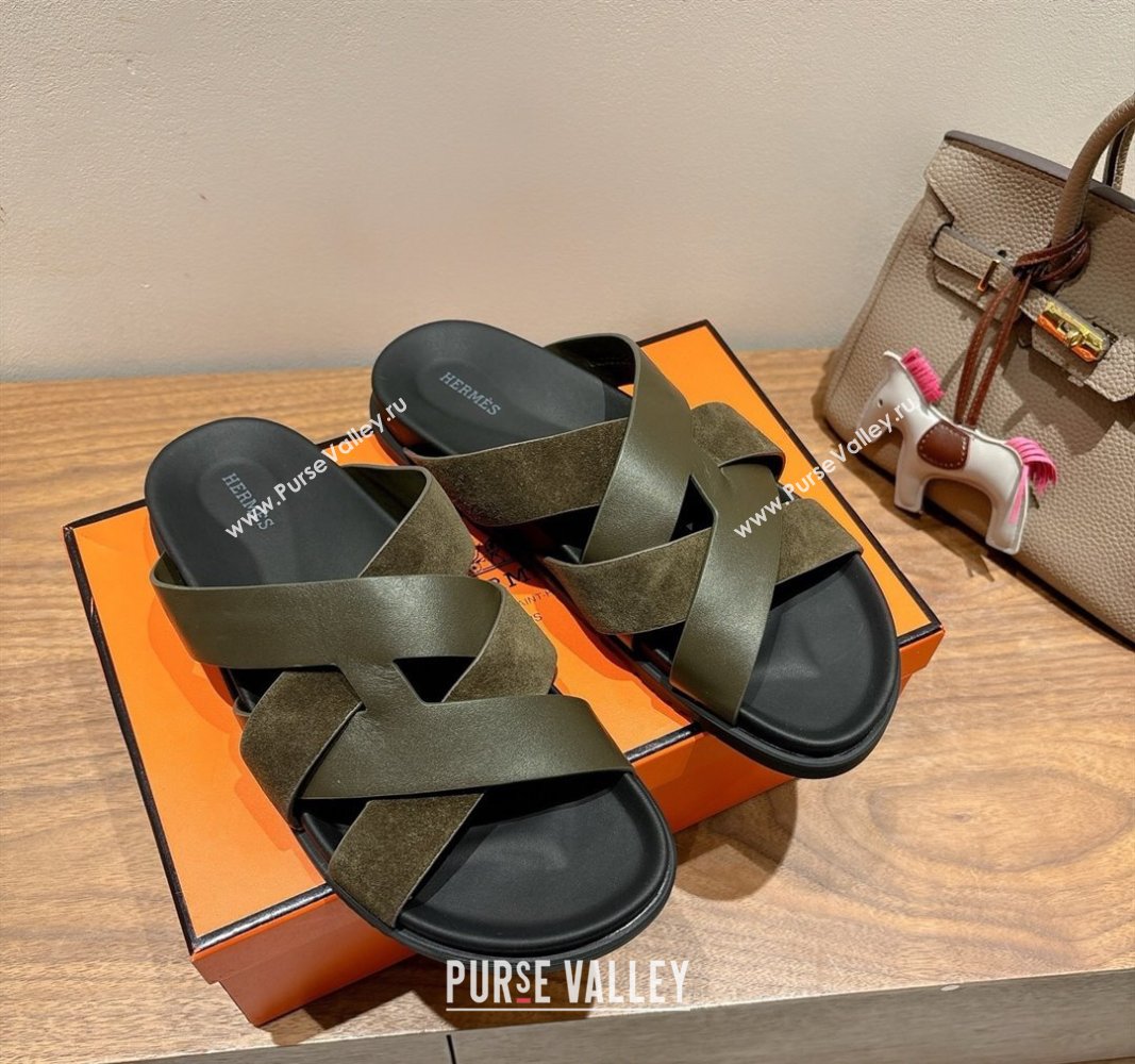 Hermes Kazimir Flat Slides Sandal in Woven Suede and Calfskin Leather Green 2025 0419 (XC-250419089)