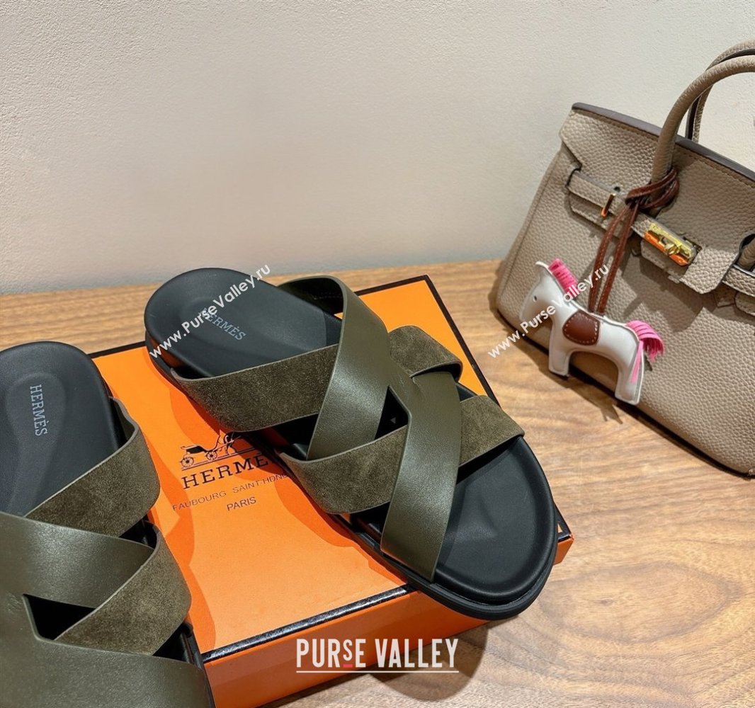 Hermes Kazimir Flat Slides Sandal in Woven Suede and Calfskin Leather Green 2025 0419 (XC-250419089)