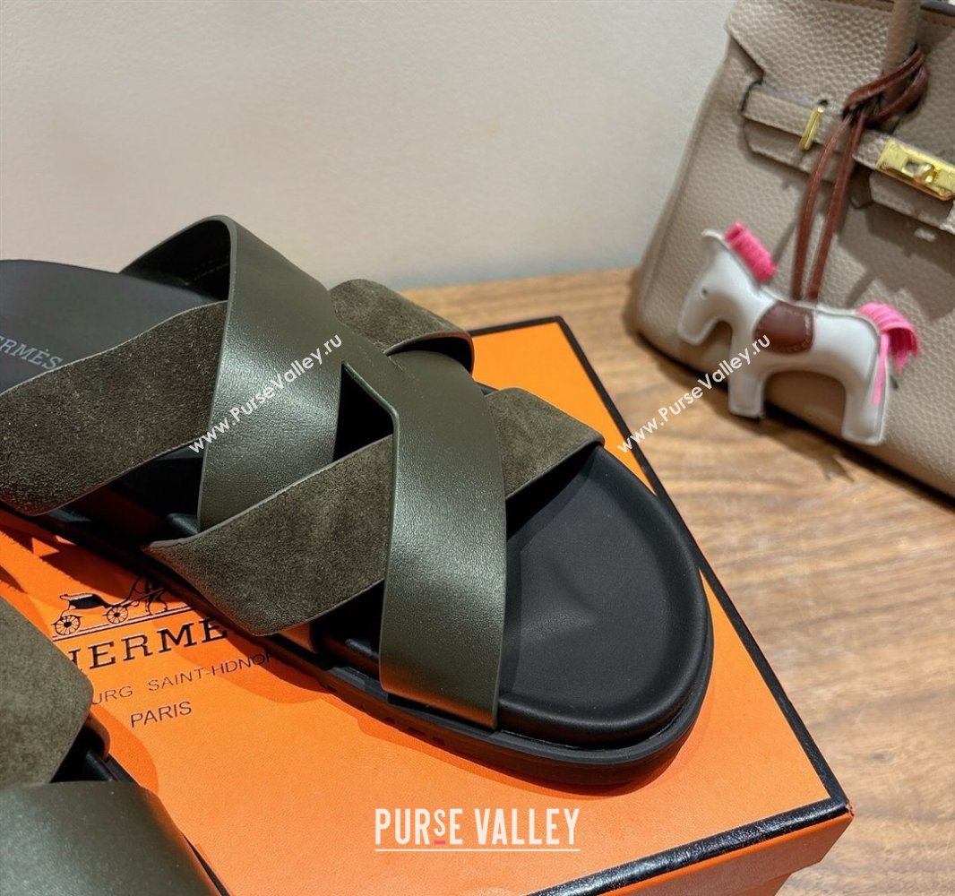 Hermes Kazimir Flat Slides Sandal in Woven Suede and Calfskin Leather Green 2025 0419 (XC-250419089)