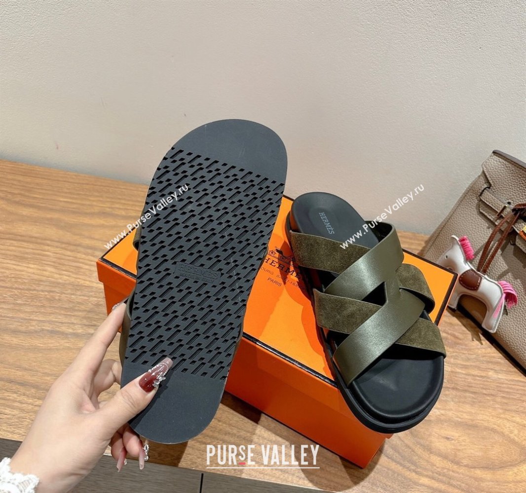 Hermes Kazimir Flat Slides Sandal in Woven Suede and Calfskin Leather Green 2025 0419 (XC-250419089)